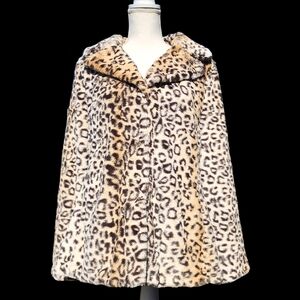 Leopard Print Faux Fur Coat / Collared Full Length Cape One Size EUC